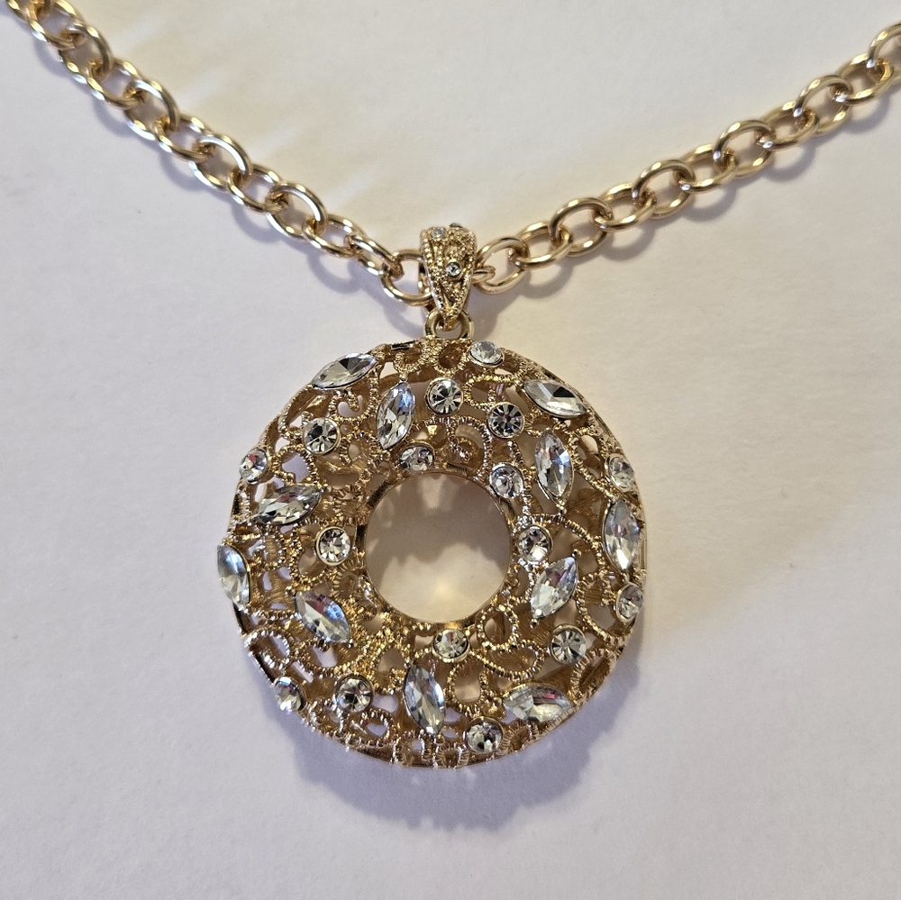 Natasha Accessories Gold Tone Large Pendant Necklace With White Stones